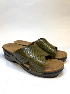Dansko Mila Leather Basket Weave Crisscross Slide Sandal Clog Olive NWOB  EU41